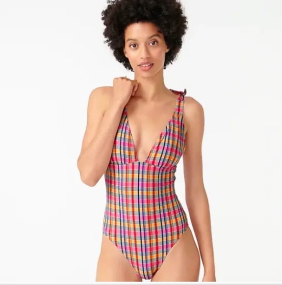 J. Crew Colorful Plaid Madras One-Piece Swimsuit sz 6 NWT - Picture 2 of 10